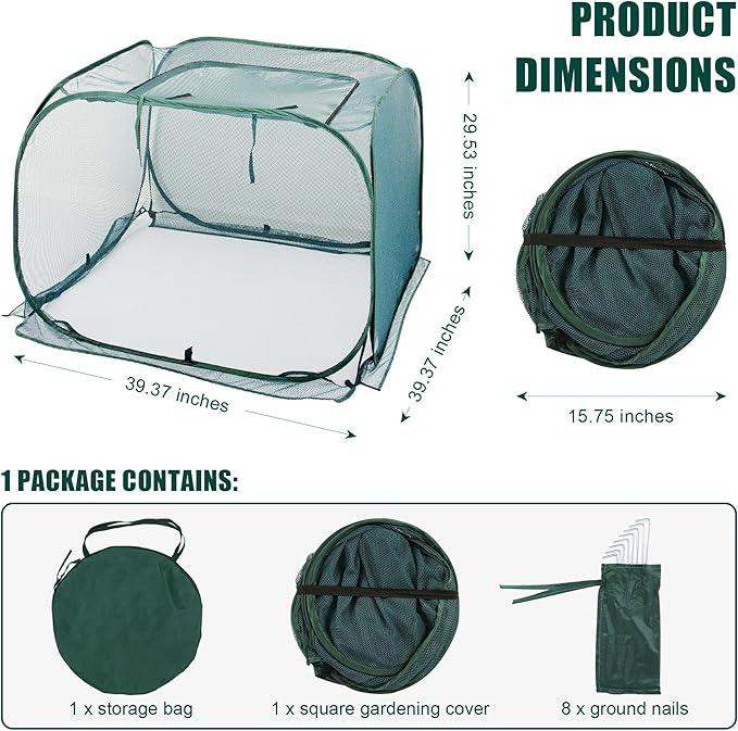 ANC POP 2 Pack Pop Up Mesh Plant Cover,40'' x 40'' x 30'' Plant Protector for Raised Garden & Flower Bed, Net Cage Plant Guard for Fruits, Vegetables, Seedlings and Herbs, 8 Ground Stakes for Fixing