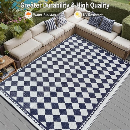 HUGEAR Outdoor Waterproof Rug 8'x10' Plastic Straw Rugs Washable Reversible Floor Mat Blue Plaid Carpet for Camping RV Deck Entryance Porch Picnic Balcony Beach Backyard