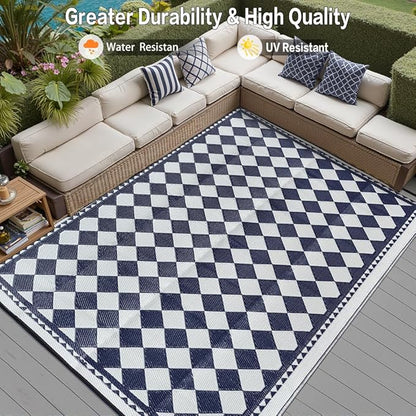 HUGEAR Outdoor Waterproof Rug 6'x9' Plastic Straw Rugs Washable Reversible Floor Mat Blue Plaid Carpet for Camping RV Deck Entryance Porch Picnic Balcony Beach Backyard