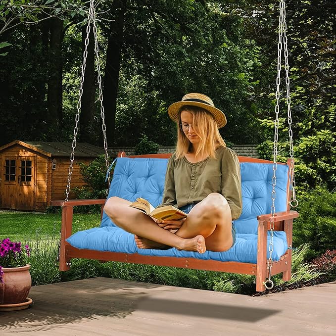 Replacement Cushions for Swing, Waterproof Porch Swing Cushion, 2-3 Seat Replacement Swings Seat Cushion with Backrest and Ties for Patio Backyard Porch Garden(Sky Blue 40 * 60 in)