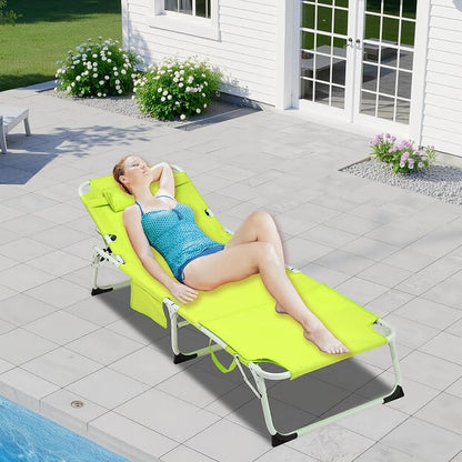 3-in-1 Oversized Sun Tanning Chair with Mat & Face Hole (Green) | Folding Chaise Lounge,5-Position Adjustable Outdoor Chair for Beach, Pool, Patio, Lawn, Yard - Includes Pillow