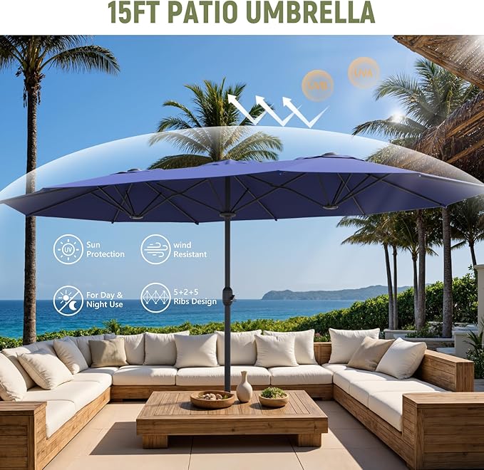 Outdoor Patio Umbrella, Table Umbrella with Push Button Tilt and Crank, 8 Ribs Market Umbrella