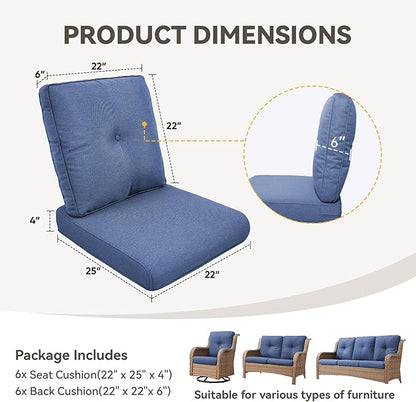 Patio Cushions for Outdoor Furniture - 22" x 25" x 4" UV Resistant Thick Foam Cushions Water Resistant Replacement Cushion for Outdoor Patio Furniture Chair/Sofa/Couch | Blue | 6-Pack |