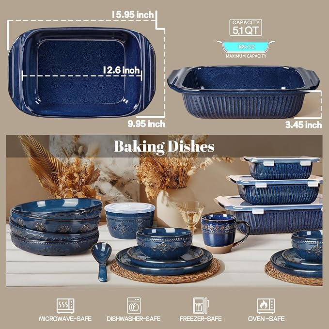 Artena Baking Dish 5.1 Quarts, Casserole Dishes For Oven, Baking Pan With Handles, Lasagna Pan Deep, Large Casserole Dish, Rectangular Ceramic Bakeware (Blue)
