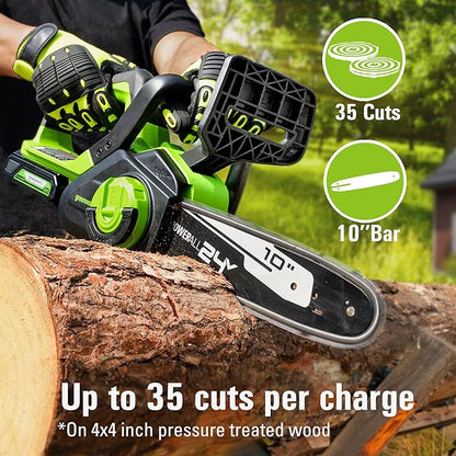 Greenworks 24V 10" Cordless Compact Chainsaw (Great For Storm Clean-Up, Pruning, and Firewood), 2.0Ah Battery and Charger Included