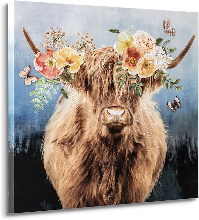 Hand-Painted Highland Cow Canvas Wall Art, Lovely Cow With Flower Wall Art, Farmhouse Animal Print Home Decor, 3D Mural Painting, Ready to Hang Bedroom Living Room Kitchen Bathroom Office, 24"X24"