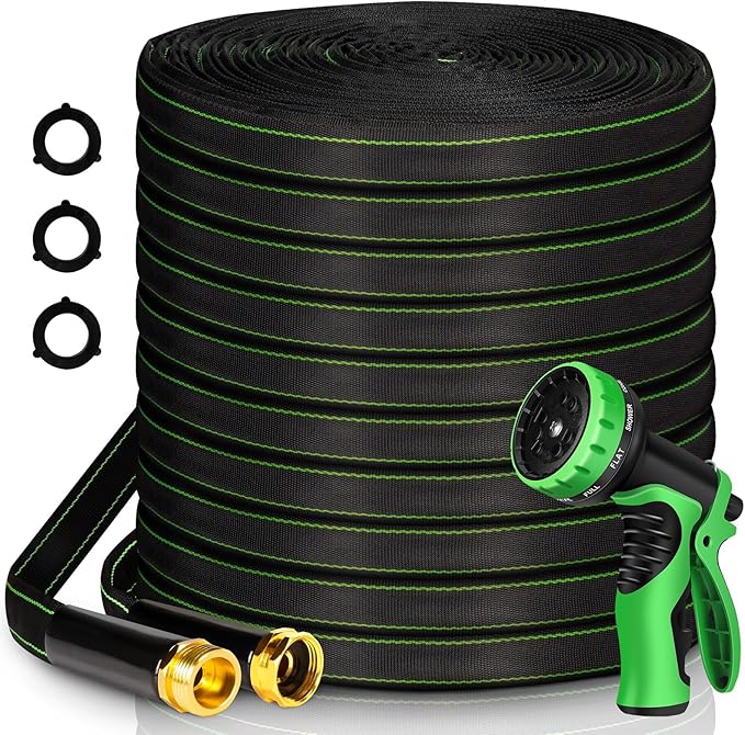 Garden Hose 100 ft Water Hose Flexible Heavy Duty Lightweight No Kink Long Outdoor Non-Expandable High Pressure Flat Hoses Pipe 100’ Strong 3/4’’ Brass Fitting for Outside Yard Lawn
