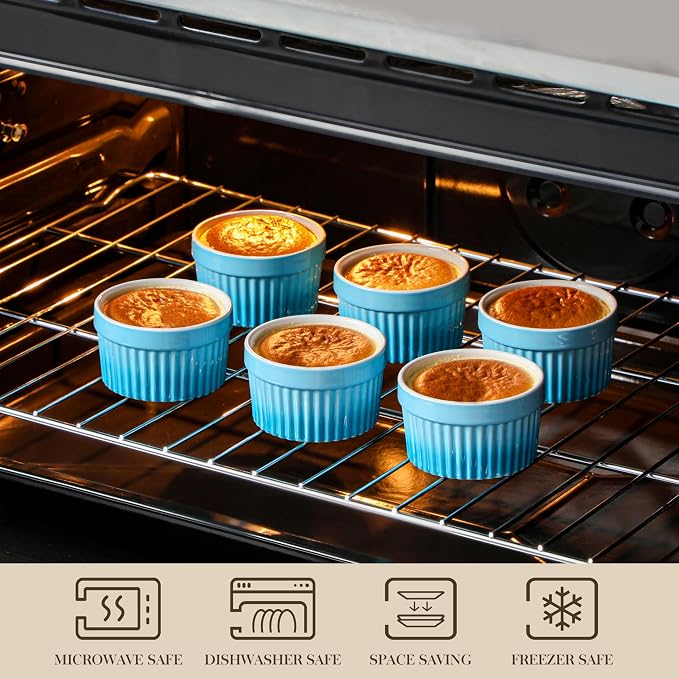 MALACASA Ramekins 6 oz Oven Safe, Small Ceramic Souffle Dishes for Creme Brulee Souffle, Stoneware Custard Cups Ramiken for Baking, Dessert Bowls Dipping Sauce Dish Set of 6, Blue, Series RAMEKIN-DISH