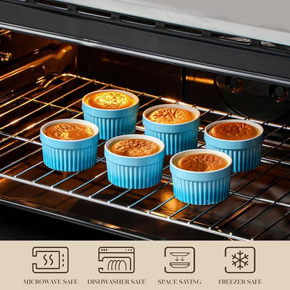 MALACASA Ramekins 6 oz Oven Safe, Small Ceramic Souffle Dishes for Creme Brulee Souffle, Stoneware Custard Cups Ramiken for Baking, Dessert Bowls Dipping Sauce Dish Set of 6, Blue, Series RAMEKIN-DISH