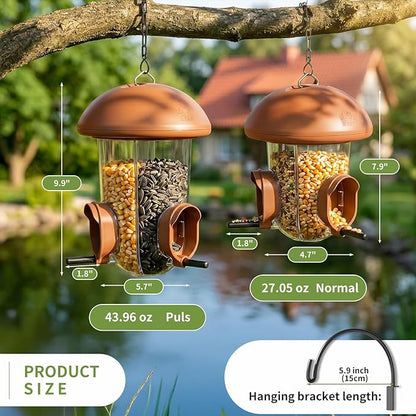 LONA Bird Feeders for Outdoors Hanging – 3 Separate Compartments, 3 Feeding Ports, Weatherproof Dome & 3 Ways to Hang, Large Capacity for Cardinals/Finches (Brown，Plus