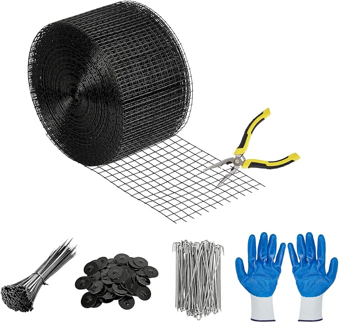 6in x 50ft Solar Panel Bird Guard & Critter Guard Mesh Kit, PVC Coated Wire Mesh Bird Wire with 60 Clips, 100 Cable Ties, Gloves, Pliers, DIY Bird Netting Solar Panel Bird Mesh Barrier