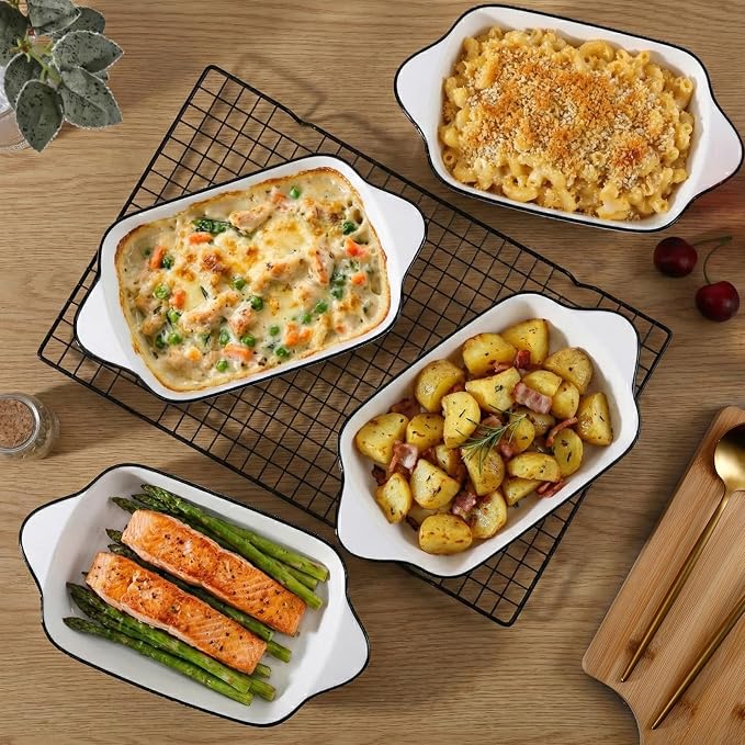 IJRPLM Small Baking Dishes Set of 4, 34 Oz Ceramic Baking Dish, Rectangular Ceramic Casserole Dishes with Handle, White Porcelain Bakeware for Cakes,Desserts, Oven Safe & Microwave Safe, 8.1x5.7x2''