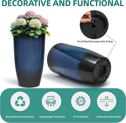 23.75" H Large Tall Outdoor Planters, Set of 2 Plastic Large Flower Pots for Outdoor Plants, with Gradient Cobalt Bule Finish, Weather-Resistant for Porch, Garden, Patio or Indoor Use