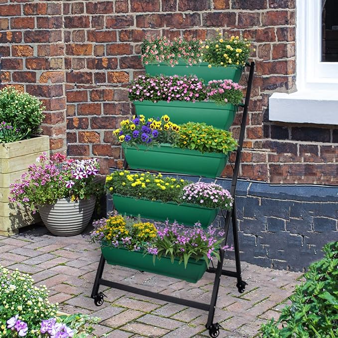 4FT Vertical Raised Garden Bed 5 Tier Planter Box with Wheels, to Grow Flowers, Vegetables, Herbs, on Your Patio Balcony Greenhouse for Outdoor and Indoor Gardening