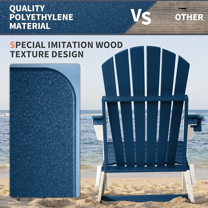 FUNBERRY Folding Adirondack Chair Set of 2, Blue & White All Weather HDPE Fire Pit Chairs with Cup Holder for Outdoor