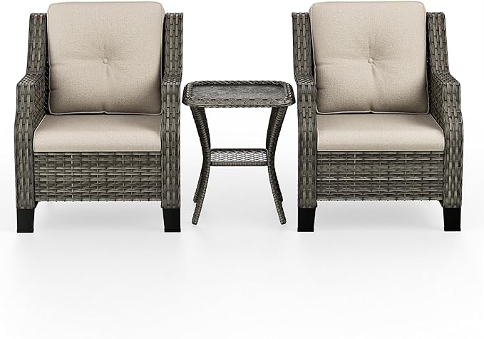 Patio Furniture Set 3 Pieces-Patio Chairs Set of 2 and A Side Table with Thick Cushions and All-Weather PE Wicker for Garden, Patio and Porch, Beige