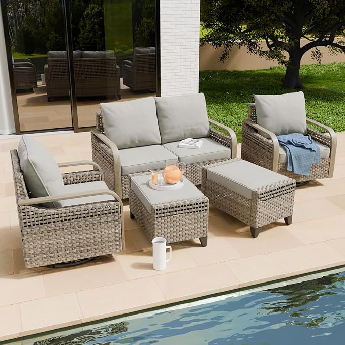 COOS BAY Modern Wicker Outdoor Furniture Set, Patio Conversation Set with Swivel Rockers, 2 Seat Loveseat, and Ottomans, 5 Piece, Brown/Gray