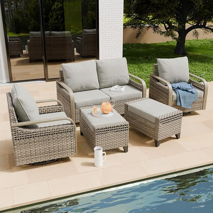 COOS BAY Modern Wicker Outdoor Furniture Set, Patio Conversation Set with Swivel Rockers, 2 Seat Loveseat, and Ottomans, 5 Piece, Brown/Gray