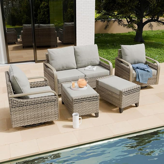 COOS BAY Modern Wicker Outdoor Furniture Set, Patio Conversation Set with Swivel Rockers, 2 Seat Loveseat, and Ottomans, 5 Piece, Brown/Gray