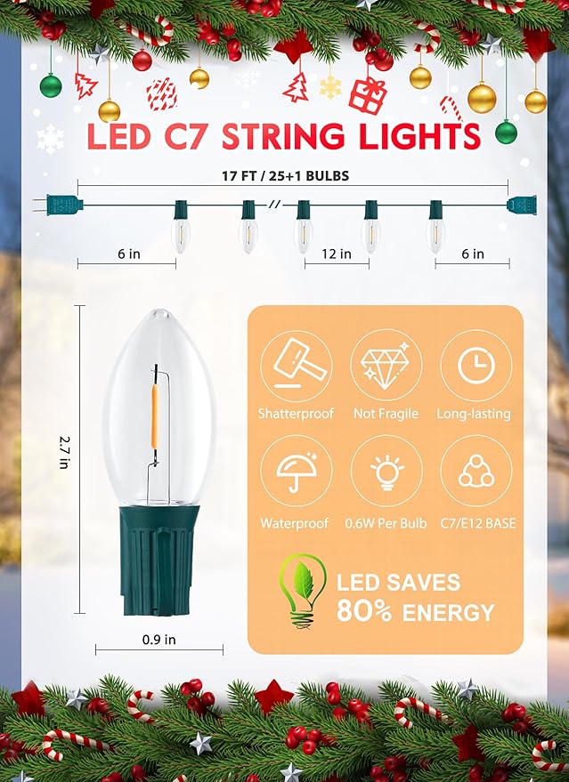 Brightown C7 Clear LED Christmas String Lights Outdoor, 25FT Connectable with 26 0.6W Bulbs (1 Spare), Vintage Hanging Lights for Xmas Holiday Party, Patio, Roofline House Decor
