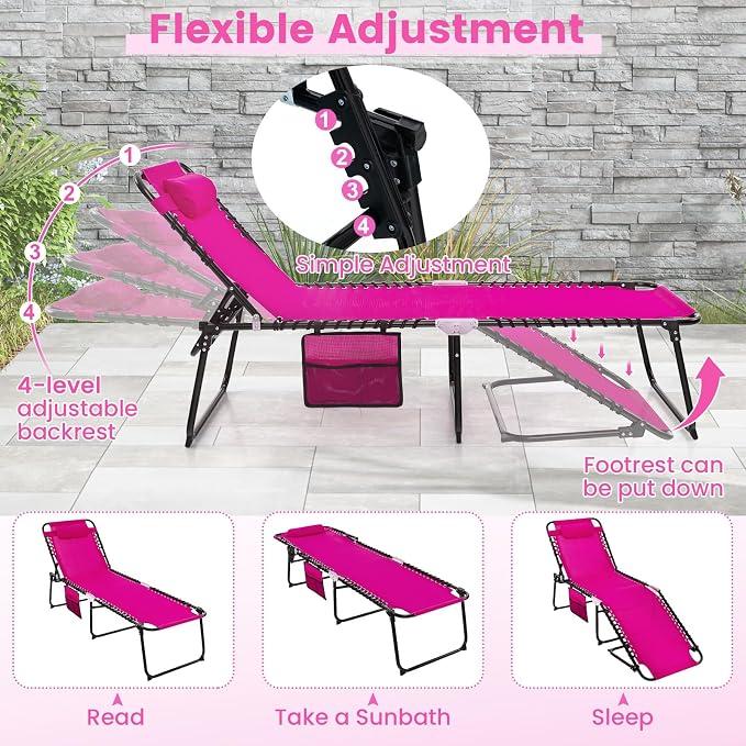 Goplus Folding Beach Lounge Chair w/Pillow for Patio Backyard Park Indoor and Outdoor, Adjustable 4-Level Backrest and 2-Level Footrest (Pink, 2 PCS Ordinary Size)