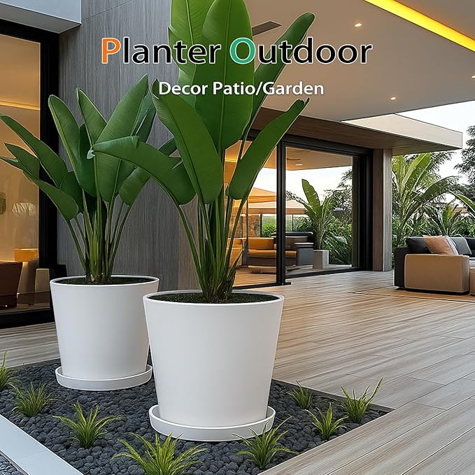 Wide Planters for Outdoor Plants, Extra Large Indoor Flower Pots for Garden, Front Porch, Patio - Round Resin Planter Set of 2 (White, 16 inch - 2 Pack with Saucers)