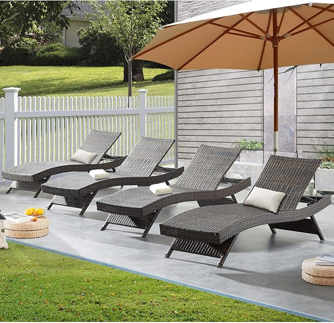79'' Outdoor Wicker Reclining Lounge Chair Long Reclining Chaise Lounge Set Patio Rattan Double Chaise Lounge Lawn Sunbathing Chairs Beach Pool Backrest Recliners Set of 4