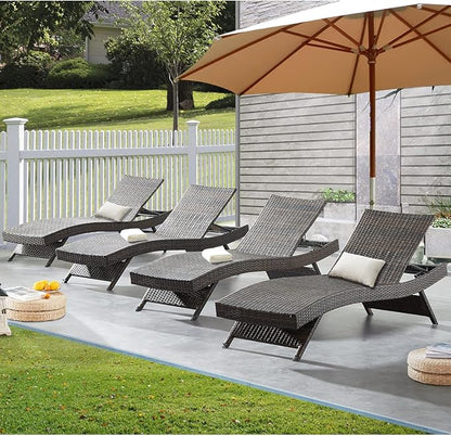 79'' Outdoor Wicker Reclining Lounge Chair Long Reclining Chaise Lounge Set Patio Rattan Double Chaise Lounge Lawn Sunbathing Chairs Beach Pool Backrest Recliners Set of 4