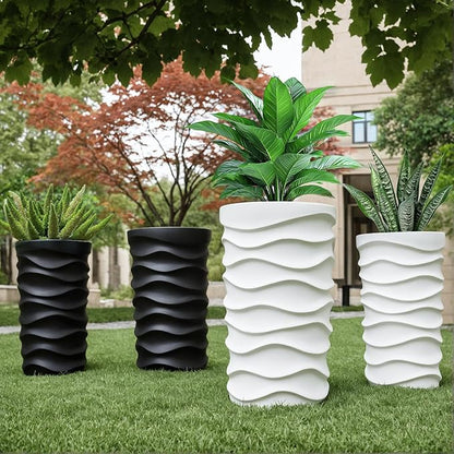 Tall Planter Outdoor Indoor, 2 Pack Extra Large Plant Pots 20" 18" H Tall Large Tree Planter-Modern Matte Wavy Flower Pot for Indoor Outdoor Proch Decor (Black)