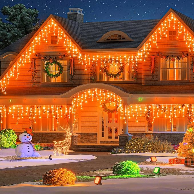 640 LED Icicle Lights for outside 66ft Christmas Icicle Lights Outdoor 8 Modes with 120 Drops Waterproof Christmas Light Plug in for Indoor House Party Holiday Thanksgiving Decorations, Orange
