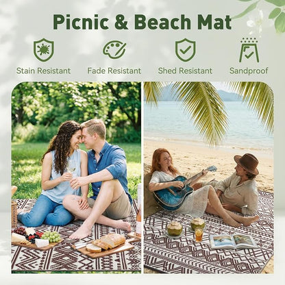 MontVoo Outdoor Rug 8x10 Waterproof Outdoor Patio Rug Mat Reverisble Plastic Straw Outdoor Rug for RV Camping Picnic Beach Balcony Boho Beige Brown