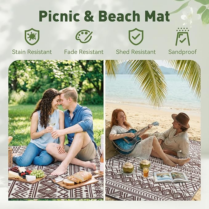 MontVoo-Outdoor Rug Carpet Waterproof 6x9 ft Reversible Patio Rug RV Camping Rug-Plastic Straw Rug Outside Indoor Outdoor Area Rug for Patio Deck Balcony Picnic Beach Outdoor Decor Boho Beige Brown