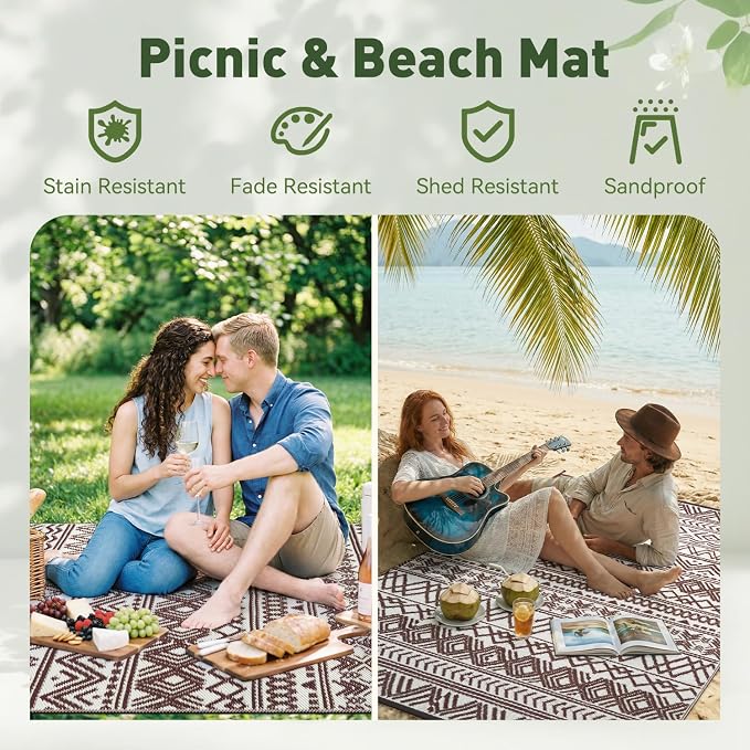 MontVoo Outdoor Rug Carpet Waterproof 5x8 Outdoor Patio Rug Mat Reverisble Plastic Straw Outdoor Rug for RV Camping Picnic Beach Balcony Boho Beige Brown