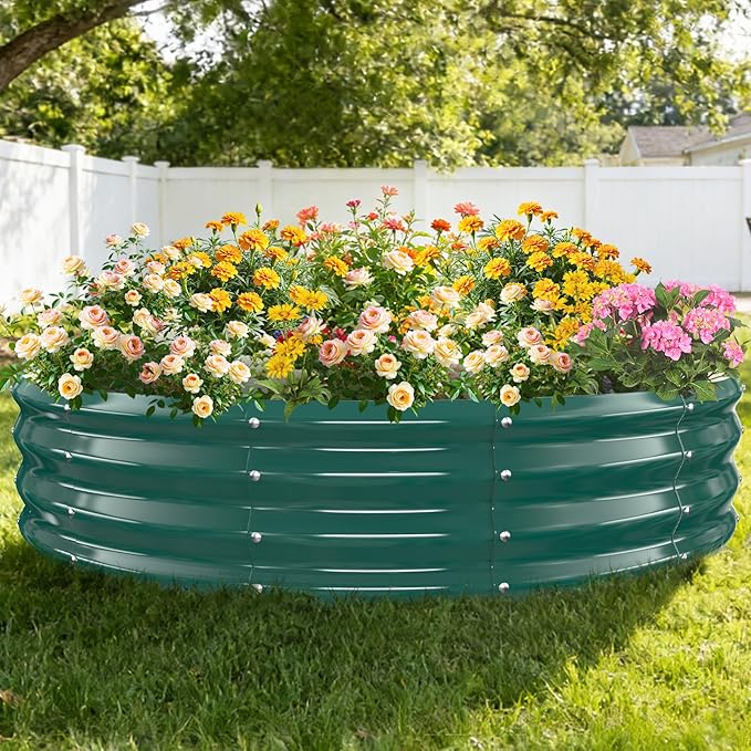 12 Inch Tall Heavy-Duty Round Steel Rised Garden Bed – Wave-Shaped Design Galvanized Metal Planter Box for Vegetables Flowers Succulent at Patio/Garden Outdoor (Green, 60" Diameter)
