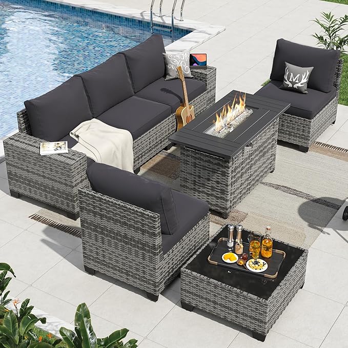 Aoxun 7 Pieces Patio Furniture Set with 44” Fire Pit Table Wicker Rattan Outdoor Sectional Conversation Set with Coffee Table and 4” Thickened Cushions, Gray/Black(Waterproof Cover Included)