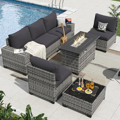 Aoxun 7 Pieces Patio Furniture Set with 44” Fire Pit Table Wicker Rattan Outdoor Sectional Conversation Set with Coffee Table and 4” Thickened Cushions, Gray/Black(Waterproof Cover Included)
