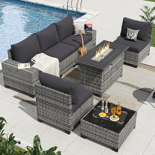 Aoxun 7 Pieces Patio Furniture Set with 44” Fire Pit Table Wicker Rattan Outdoor Sectional Conversation Set with Coffee Table and 4” Thickened Cushions, Gray/Black(Waterproof Cover Included)