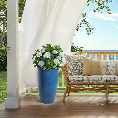 23.75" Round Tall Planters, 2-Pack Large Flower Pots for Indoor Outdoor Plants, UV-Protect PP Container for Garden Patio Yard Balcony Porch or Home Decor, Artistic Floating Cobalt Blue Glaze