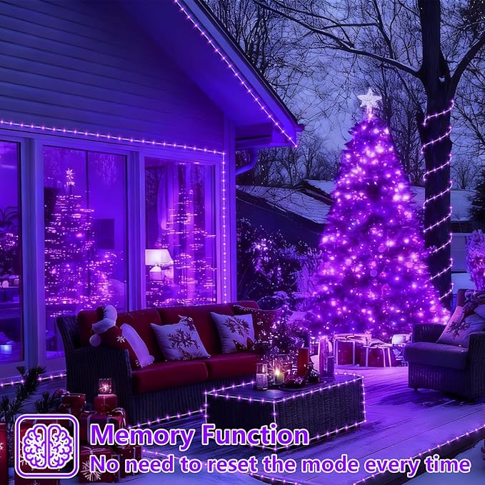 YEGUO Solar Christmas Lights Outdoor Waterproof, 2 Packs Each 33ft 100 LED Rope Lights, 8 Modes Fairy String Lights in Clear Thin Tube for Camping Fence Patio Garden Trampoline Deck(Purple)