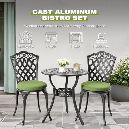 NUU GARDEN 3-Piece Outdoor Bistro Set, Cast Aluminum Patio Table and 2 Chairs with Green Cushions and Umbrella Hole, Weather-Resistant Furniture Set for Garden, Balcony, Porch, Black