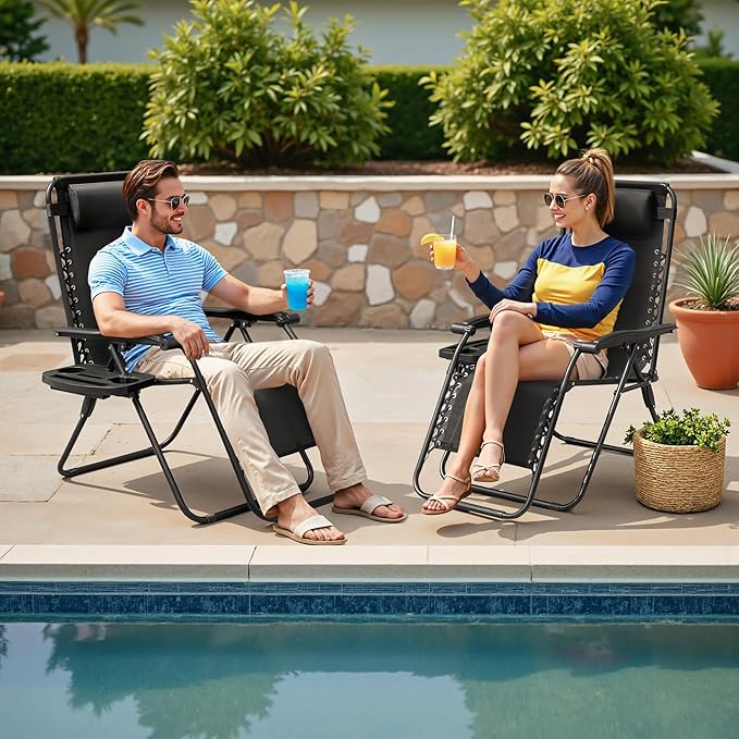 Homall Zero Gravity Chair Patio Folding Lawn Lounge Chairs Outdoor Lounge Gravity Chair Camp Reclining Chair with Pillows for Poolside Backyard and Beach Set of 2 (Dark Black)