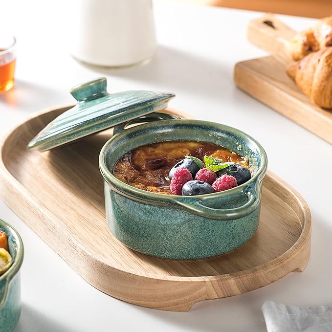 12 oz Mini Cocotte Set of 4, Ceramic Casserole Dishes with Lids & Handles | Reactive Glaze, Individual Baking & Serving, Ideal for Pot Pies, French Onion Soup, Casseroles & Baked Pasta, Oven Safe
