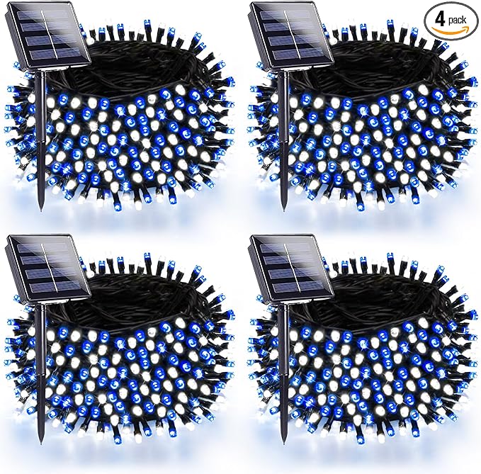 4 Pack 180FT Solar Christmas Lights Outdoor Waterproof, Super Bright 320 LED Solar String Lights with 8 Lighting Modes, Green Wire Solar Twinkle Tree Lights for Outside Xmas Party(Blue and White)