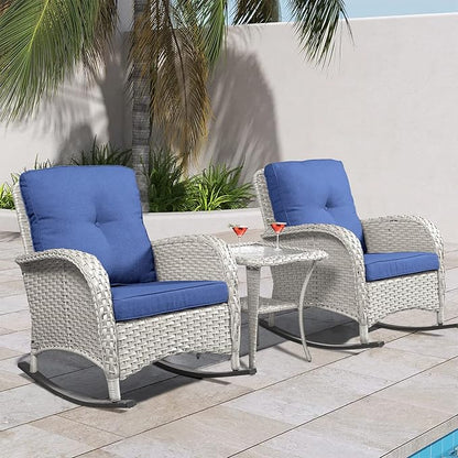 HUMMUH Patio Wicker Rocking Chairs Set of 2 Rattan Outdoor Rocking Chairs for Front Porch Garden Backyard Lawn Balcony Weather Rocker Chair with Side Table