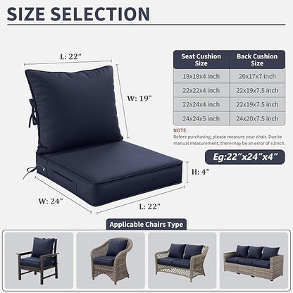 Premium Outdoor Seat Cushion Chair Cushions for Patio Furniture 22 L X 24 W X 4 H Waterproof & Fade Resistant Deep Seat and Backrest Cushion Set with Removable Covers for Chair, Sofa