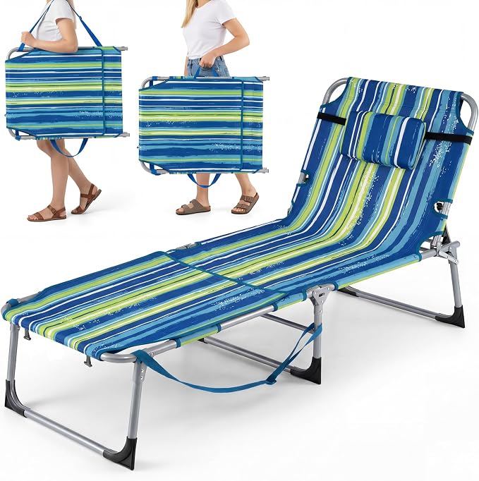 Giantex Tanning Chair, 330Lbs Patio Lounge Chair with 5 Adjustable Position, Face & Arm Hole, Hand/Shoulder Strap, Removable Pillow, Side Pocket, Chaise Lounger for Beach Sunbathing Outdoor, Stripe