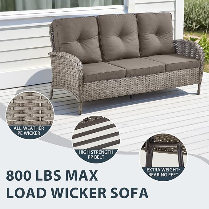 7 Piece Patio Furniture Set - Wicker Patio Conversation Set with Swivel Glider, 3 Seat Sofa, 2 Ottomans, Glass Side Table and Coffee Table for Deck Backyard - Grey Wicker Grey Cushion