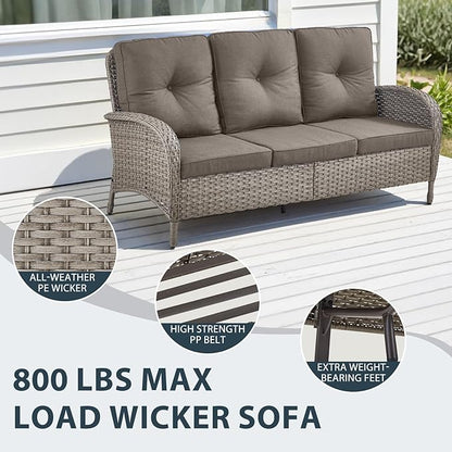 7 Piece Patio Furniture Set - Wicker Patio Conversation Set with Swivel Glider, 3 Seat Sofa, 2 Ottomans, Glass Side Table and Coffee Table for Deck Backyard - Grey Wicker Grey Cushion