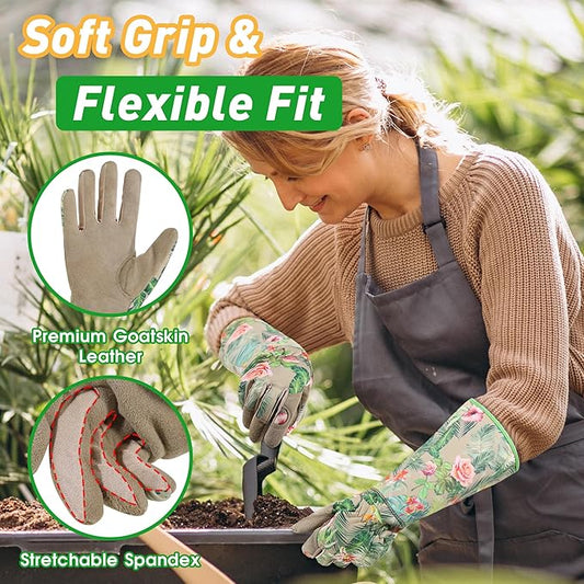 HLDD HANDLANDY Long Gardening Gloves for Women Men - Leather Rose Pruning Gloves Thorn Proof - Breathable Working Glove