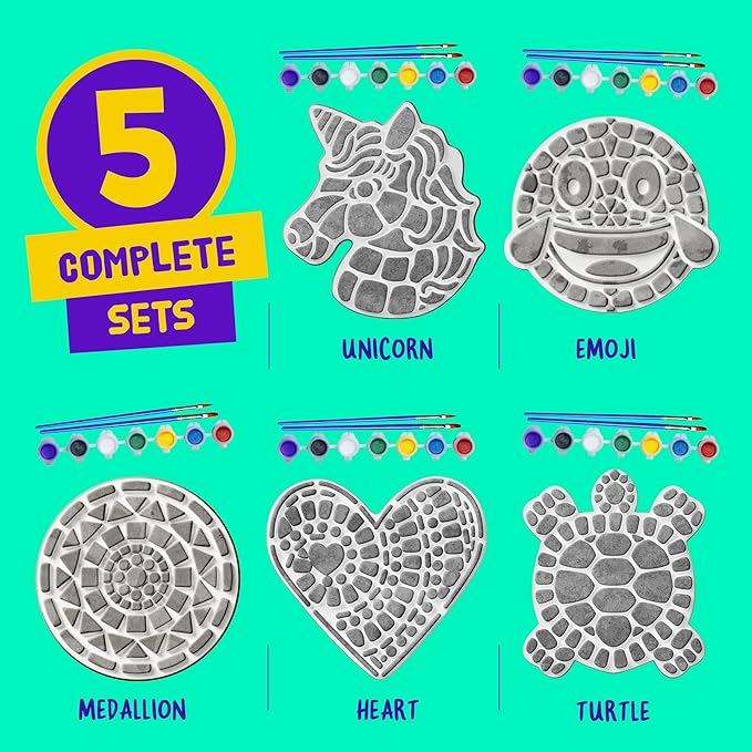 Dan&Darci Stepping Stones Painting Kit for Kids, 5 Paint Your Own Garden Stones with Paints and Brushes, Crafts for Kids Ages 6-8